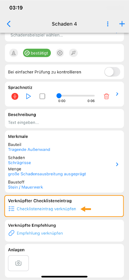 Schäden verknüpfen - Checkliste